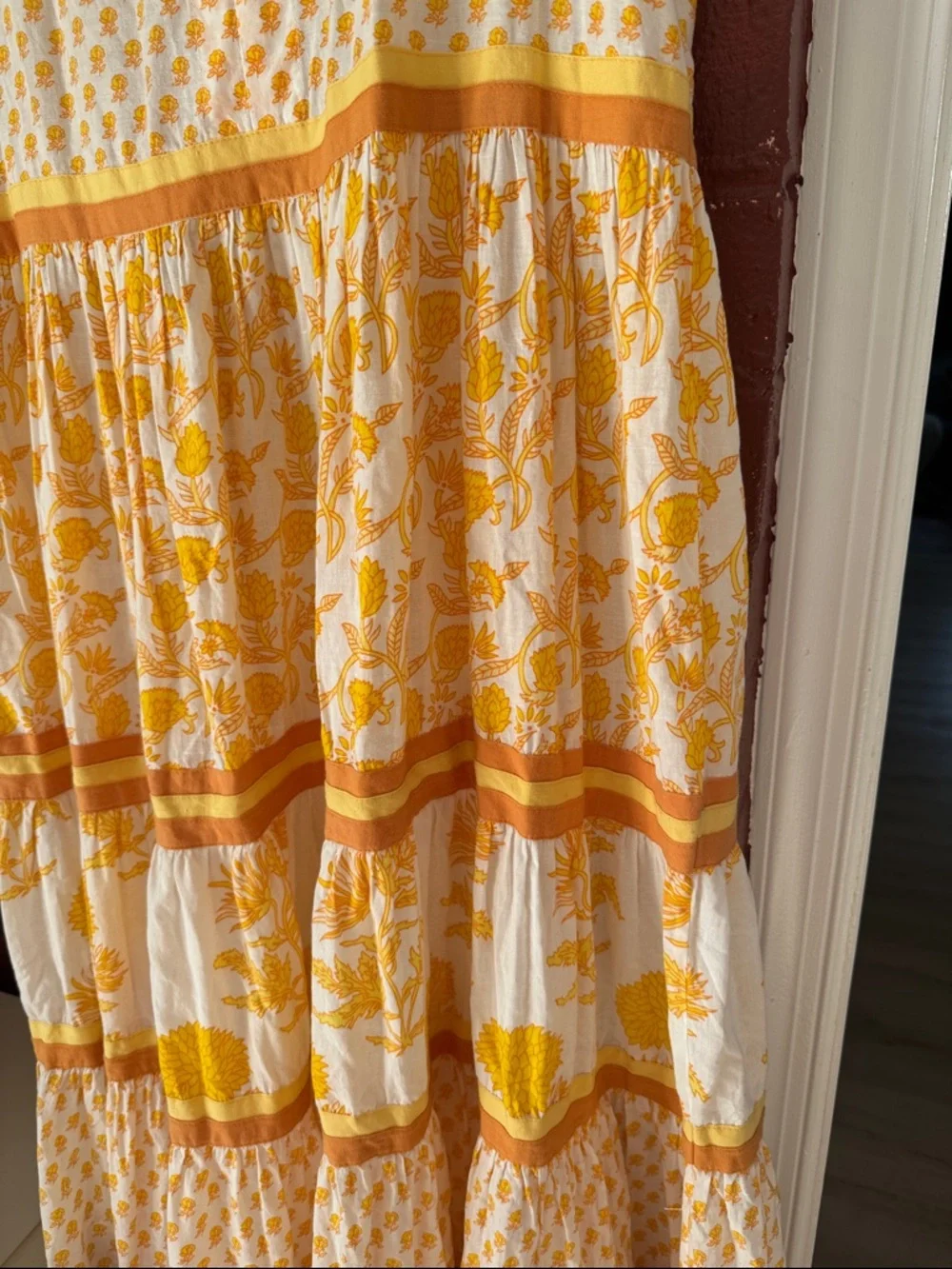 Chelsea & Theodore 100% Cotton Yellow & White Sleeveless VNeck Tiered Maxi Dress - Picture 4 of 8